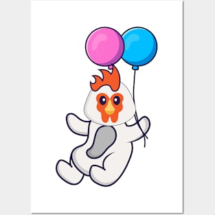 Cute chicken flying with two balloons. Posters and Art